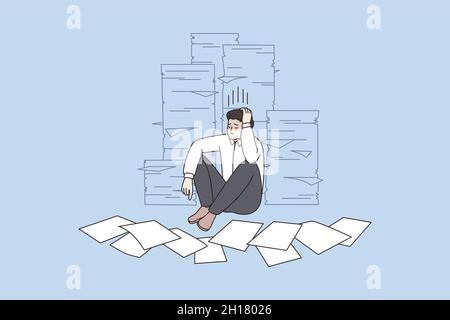 Unhappy male employee sit on floor near piles of paperwork worry about deadline. Upset stressed man worker surrounded by paper document. Overwork, fatigue concept. Vector illustration.  Stock Vector