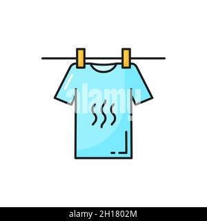 T-shirt hanging on clothesline with cloth pins isolated color line icon. Vector washing cloth, clothes line with dry apparel. Drying clean boy or girl Stock Vector
