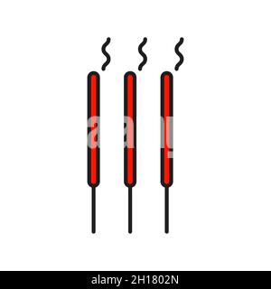 Three burning korean incense stick isolated color line icon. Vector buddhist indian sandalwood sticks for meditation and relaxation. Creative aroma bu Stock Vector