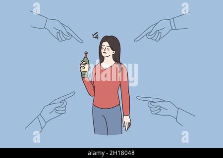 People point at drunk woman holding bottle in hand. Society blaming female with alcoholic addiction problem. Alcohol addict, bad unhealthy habit. Flat vector illustration, cartoon character.  Stock Vector