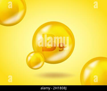 3D Vitamin drop B9 Folic acid pill capsule. Realistic B9 Folic acid Vitamin complex design illustration. Yellow drug nutrition design. Stock Vector