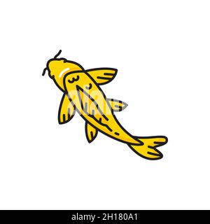 Golden fish chinese carp isolated color line icon. Vector fish saltwater and fresh water animal, fishery fishing sport mascot. Horoscope astrology sym Stock Vector