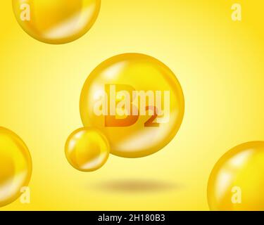 3D Vitamin drop B2 Riboflavin pill capsule. Realistic B2 Riboflavin Vitamin complex design illustration. Yellow drug nutrition design. Stock Vector