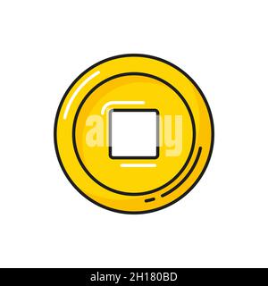 Ancient chinese coin with square hall isolate icon. Vector oriental coin with aperture on middle, fortune circle, round coin of luck. Symbol of prospe Stock Vector