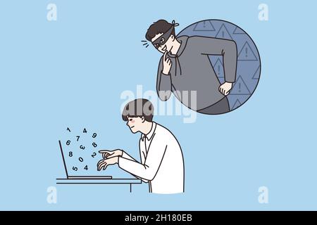 Hacker spy on business employee working on laptop in office online. Thief get personal private information or data from computer worker. Cyber crime, hack, fraud concept. Flat vector illustration.  Stock Vector