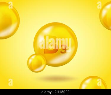 3D Vitamin drop B3 Niacin pill capsule. Realistic B3 Niacin Vitamin complex design illustration. Yellow drug nutrition design. Stock Vector