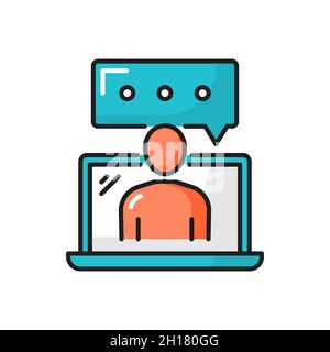 Online support, content editor typing on laptop isolated color line icon. Vector chat or online support, content editor typewriter on notebook. Copywr Stock Vector