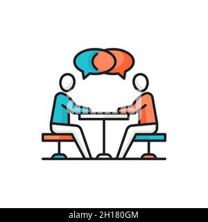 People sitting at desk and talking, business communication isolated icon. Vector collaboration, busy people talking, time management and conversation, Stock Vector