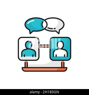 Online meeting chat conference, speech bubbles isolated color line icon. Vector distant education, teacher and student, teamwork collaboration. Team c Stock Vector