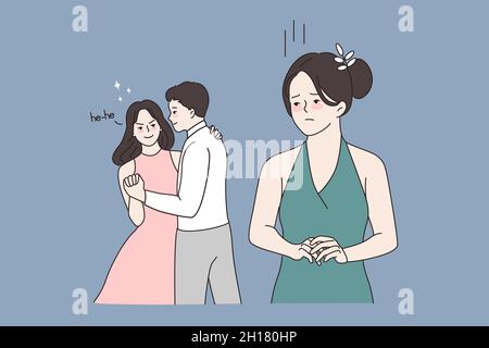 Sad young woman jealous of couple lovers dancing on wedding or occasion. Single girl feel lonely envy of lady with man. Jealousy, relationship, solitude concept. Flat vector illustration.  Stock Vector