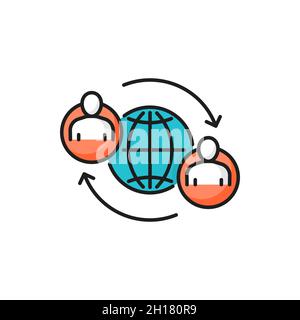 Global collaboration, online communication people isolated color line icon. Vector people avatars and globe, distance education concept. Support anywh Stock Vector
