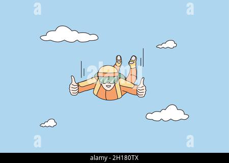 Happy parachutist flying in skies enjoy active sport lifestyle. Smiling parachute skydiver jump from air. Skydiving, extreme entertainment concept. Cartoon character, flat vector illustration.  Stock Vector