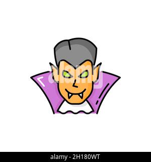 Vampire Dracula in costume isolated color line icon. Vector male in cape, vampire dead monster head with fangs and sharp ears in carnival cloth. Hallo Stock Vector