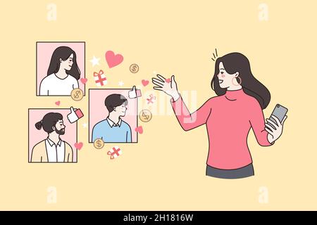 Girl influencer use smartphone earn money online from blogging or making advertising. Smiling woman blogger get likes feedback from subscribers on cellphone. Social media. Vector illustration.  Stock Vector
