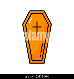 Funeral closed coffin burial box isolated color line icon. Vector Halloween symbol, last bed, wooden box, burial closed case with dead. Long narrow ca Stock Vector