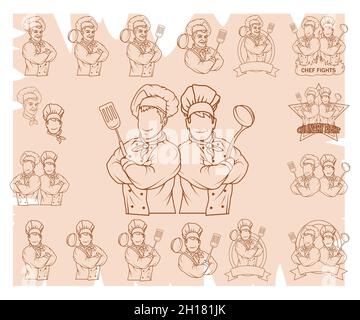 Set of chef cook standing in a different pose. Chef in uniform. Cook logo. Chef Hat. Professional Chef cook Stock Vector