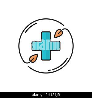 Cross in circle of herbal plants healthcare emblem isolated color line icon. Vector pharmacy hospital, medical assistance sign with leaves. Beauty and Stock Vector