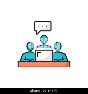 Team working together on computer, chat bubble isolated color line icon. Vector copywriters or writers typing text, distance education and examination Stock Vector