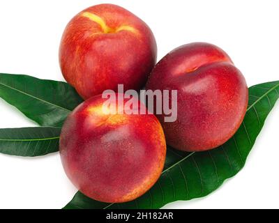 Peaches fruit with leaves isolated on white background Stock Photo