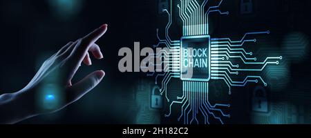 Blockchain technology concept on virtual screen. Cryptography and cryptocurrency. Stock Photo