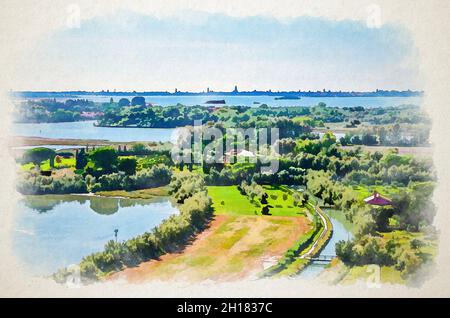 Watercolor drawing of Aerial view of Torcello islands with water canal, swamp, green trees and bushes. Panoramic view of Venetian Lagoon. Veneto Regio Stock Photo