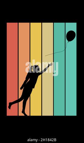 A girl releases a helium balloon. This is a silhouette on a background of colorful stripes. Stock Photo