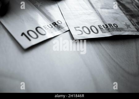 500 and 100 euros in official banknotes. No people Stock Photo