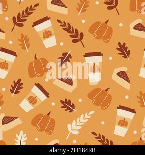 Seamless pattern with tasty pumpkin pie and Funny spicy coffee. Halloween dessert set. Illustration for decoration menu, fabric, wrapping and textile Stock Vector