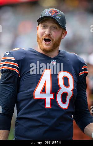 Chicago, Illinois, USA. 20th Sep, 2020. - Bears #48 Patrick Scales takes a  break during the NFL Game between the New York Giants and Chicago Bears at  Soldier Field in Chicago, IL.