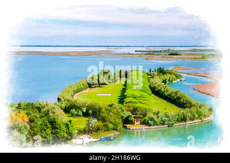 Watercolor drawing of Aerial view of Torcello islands swamp, water canal and green trees alley and bushes. Panoramic view of Venetian Lagoon. Veneto R Stock Photo