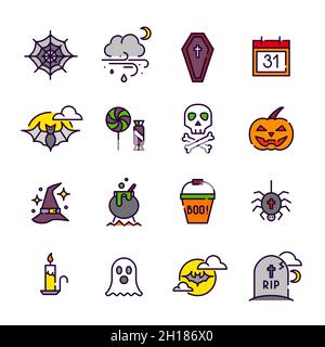 Fun cartoon style colorful Halloween line art icons. Coffin, spider web, grave, ghost, magic potion and trick or treat. Pixel perfect, editable stroke Stock Vector