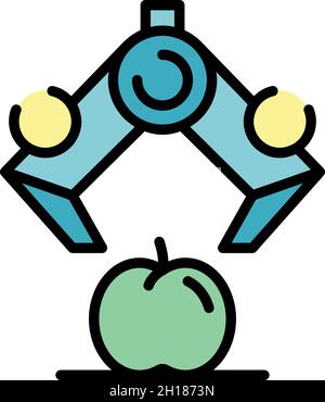 Robot arm take apple icon. Outline robot arm take apple vector icon color flat isolated Stock Vector
