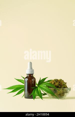 CBD Oil or Tincture in Brown Glass Bottle with Cannabis Leaves and Buds on Minimalist Beige Champagne Background with Copy Space Stock Photo