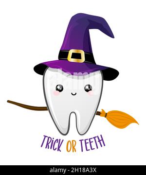 Teeth character in witch costume with broom and witch hat - Happy Halloween illustration. Handmade lettering print. Good for prints on t-shirt and bag Stock Vector