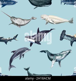 Watercolor whales seamless pattern. Dolphins, Orca, Narval, Beluga, Whales and Shark Stock Photo