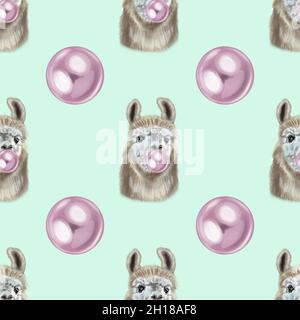 Alpaca's seamless watercolor pattern chews gum. Llama portrait  Stock Photo