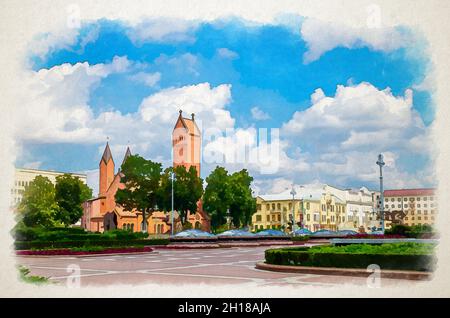 Watercolor drawing of Saints Simon and Helena Roman Catholic church or Red Church on Independence Square in Minsk city historical centre, blue sky whi Stock Photo