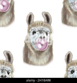 Alpaca's seamless watercolor pattern chews gum. Llama portrait  Stock Photo