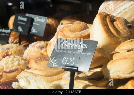 Chelsea Buns in a bakers shop window Stock Photo