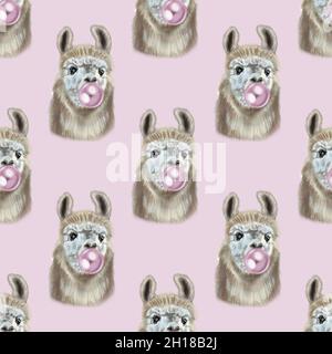 Alpaca's seamless watercolor pattern chews gum. Llama portrait  Stock Photo