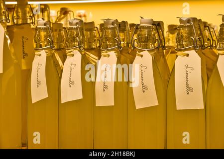 View of bottles of limoncello on a shelf Stock Photo