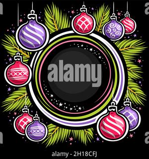 Vector Christmas Frame with round copyspace, square placard with illustrations of pine branches and colorful cartoon christmas balls hanging on string Stock Vector