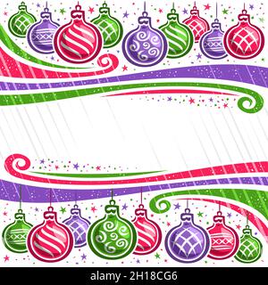 Vector Christmas Border with copyspace, square placard with illustrations of decorative flourishes and colorful cartoon christmas balls hanging on str Stock Vector