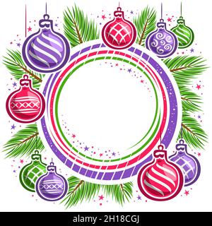 Vector Christmas Frame with round copyspace, square placard with illustrations of pine branches and colorful cartoon christmas balls hanging on string Stock Vector