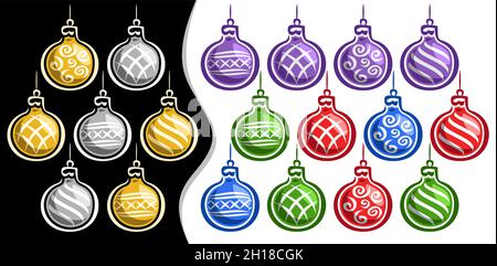 Vector set of Christmas Balls, lot collection of cut out illustrations colorful xmas baubles hanging on string for winter holidays, many christmas bal Stock Vector
