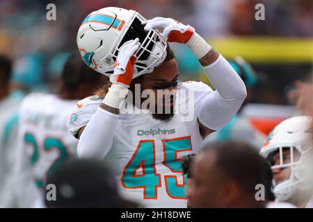 Miami Dolphins linebacker Duke Riley (45) walks on the sidelines during a  NFL football game against the New York Jets, Sunday, Dec. 19, 2021, in Miami  Gardens, Fla. (AP Photo/Doug Murray Stock