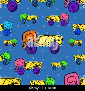 Seamless pattern of children trucks. Childs drawing delivery truck pattern. Stock Photo