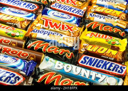 Hamburg, Germany - October 1  2021: Various chocolate bars Mars Twix Snickers Lion Nuts Knoppers Stock Photo