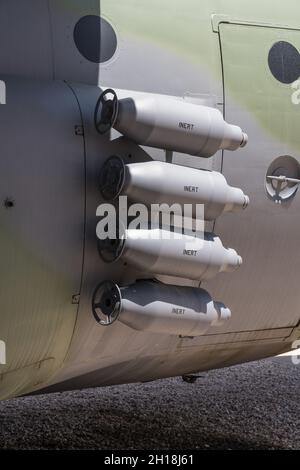 Rocket-assisted take-off engines on a  Lockheed C-130 Hercules military transport aircraft in the Hill Aerospace Museum in Utah. Stock Photo
