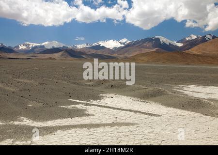 Beautiful landscape panorama of Pamir mountains area in Tajikistan near Pamir highway or Pamirskij trakt international road M41 near Ak-Baital or Akba Stock Photo